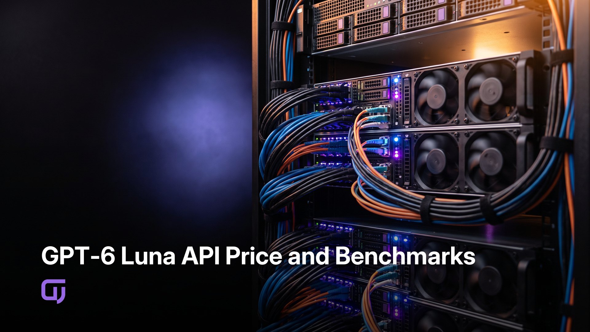 GPT-6 Luna API Price and Benchmarks. A close-up of sleek server racks illuminated by cool blue LED lights, with visible high-density cabling and cooling fans softly humming, emphasizing the advanced hardware infrastructure powering — GPUniq