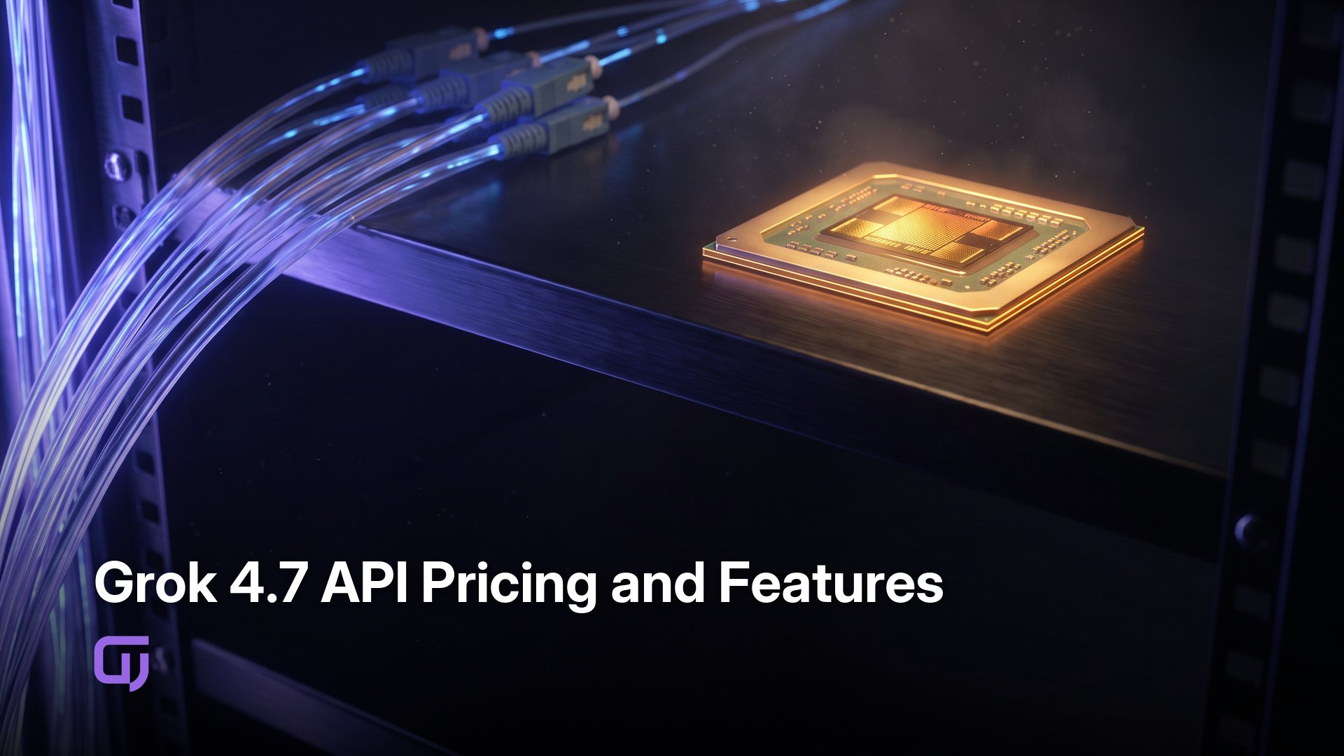 Grok 4.7 API Pricing and Features. A macro close-up of a single, glowing golden GPU processor resting on a dark, brushed-metal server shelf, surrounded by a complex network of high-speed fiber optic cables illuminated by a sharp, cool-blue — GPUniq