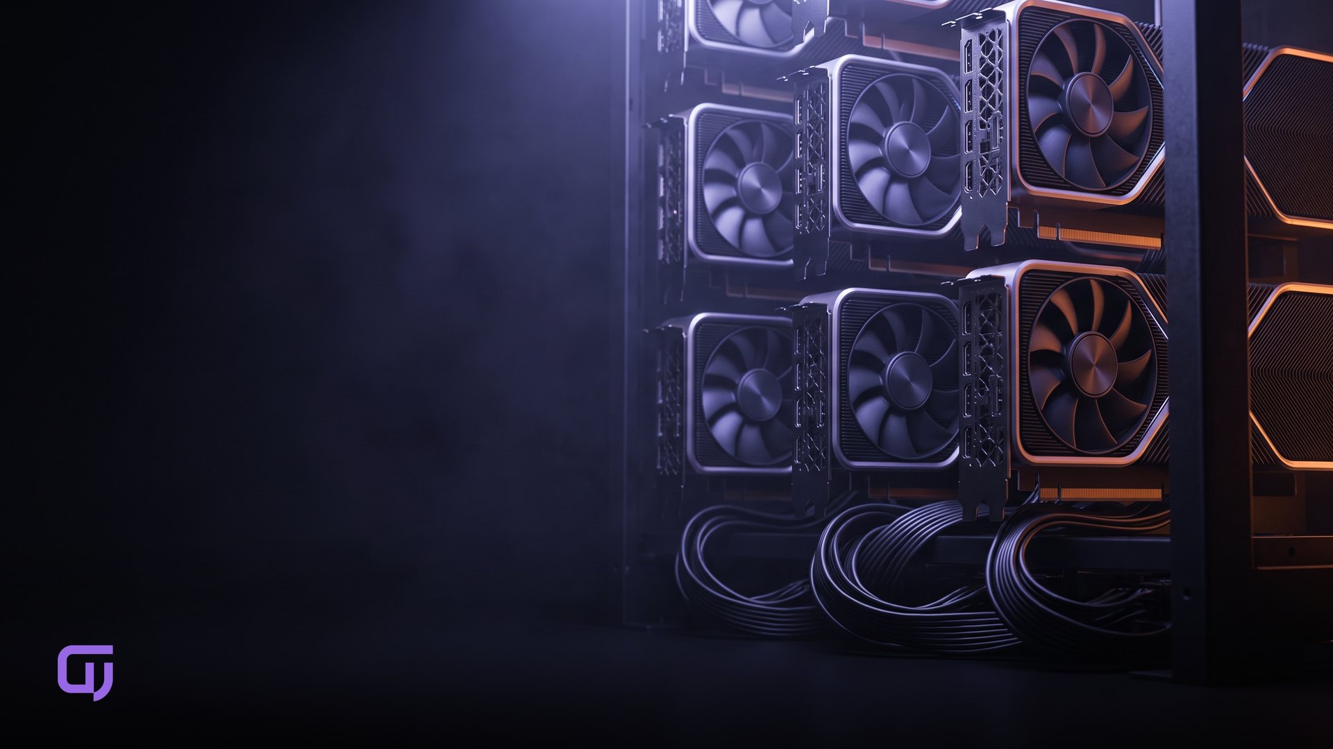 A dense server rack filled with RTX 4090 graphics cards stacked vertically, their dual fans and metallic shrouds catching sharp overhead lighting, with thick power cables bundled beneath, emphasizing the scale of high-demand compute — GPUniq