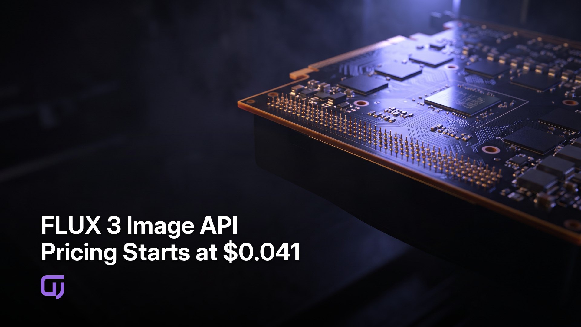 FLUX 3 Image API Pricing Starts at $0.041. A macro close-up of a high-end GPU board’s intricate gold-plated contact pins, illuminated by a sharp, cool-blue LED strip that reflects off the polished silicon die, emphasizing precision and — GPUniq